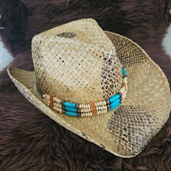 STRAW COWBOY HAT Turquoise Bead Trim One Size Fits All - Picture 2 of 8